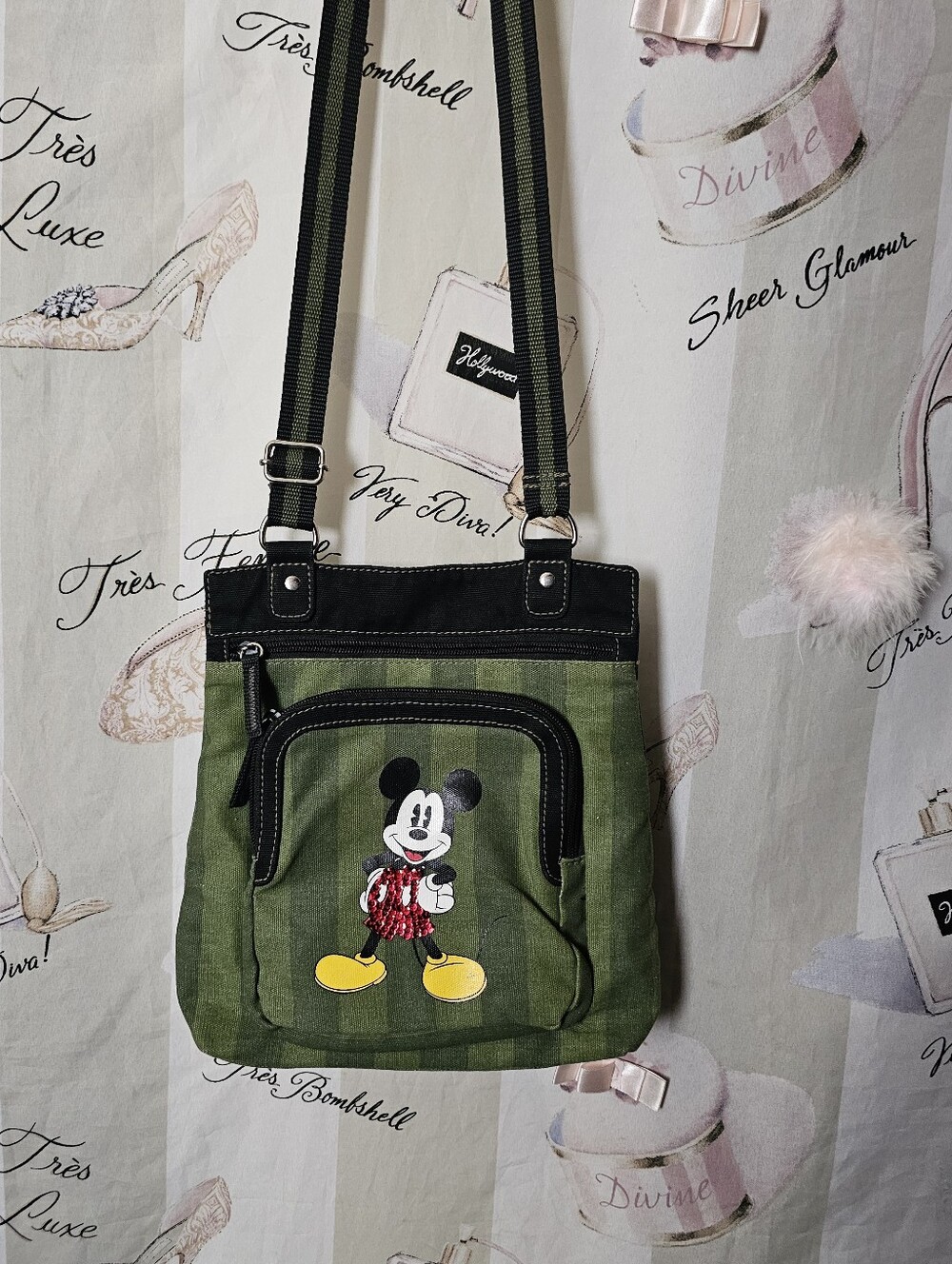 Disney Vintage Green Striped Mickey Mouse Crossbody Bag with Black Trim